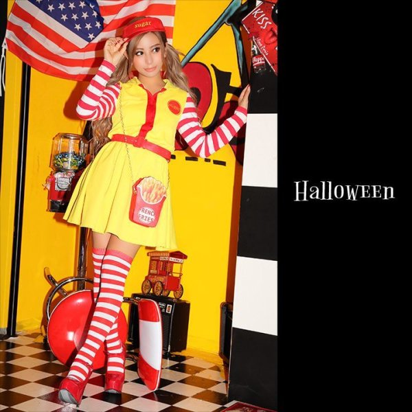 画像3: 【SALE!!】【即日発送】ハンバーガーショップガール/ウェイトレスコスプレ/フレアスカート/ロングスリーブ/Aライン【ハロウィン3点セット】【S-XLサイズ/1カラー】(B017SB/STEE07R)[HC02]