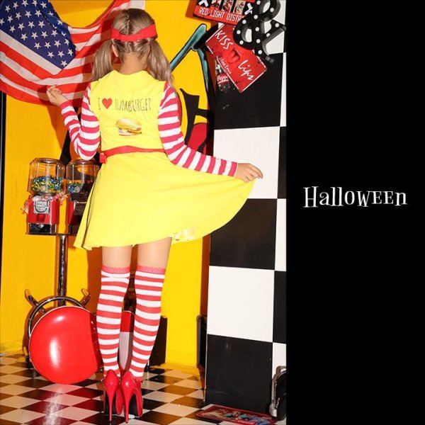 画像4: 【SALE!!】【即日発送】ハンバーガーショップガール/ウェイトレスコスプレ/フレアスカート/ロングスリーブ/Aライン【ハロウィン3点セット】【S-XLサイズ/1カラー】(B017SB/STEE07R)[HC02]