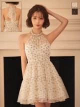 送料無料！小花柄/ホルターネック/ビジュー/ノースリーブ/シフォン/シアー/背中見せ/フレア/ワンピース/ミニドレス/キャバドレス【XS-Mサイズ/2カラー】【予約商品/10月中旬発送予定】[OF03]天海りこ着用【YN】dzwvBF
