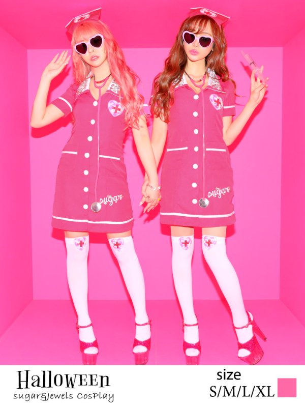 画像2: 【値下げ！】【即日発送】【ハロウィン2点セット】ピンクナースコスプレセット【S-Lサイズ/1カラー】(6731sockSB/ch02)[HC02]
