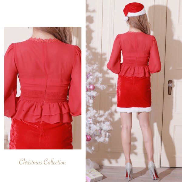 画像5: 【サンタセール！】【X'mas3点セット】ハイウエストペプラムシフォンサンタコスプレ[OF01]
