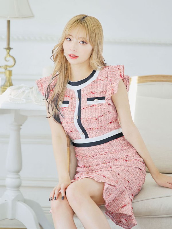 画像8: SALE!ツイードマーメイドスカートドレス/ボーダー柄/谷間隠し/背中隠し/ノースリーブ/フリル袖/ミニドレス/キャバドレス 【S-Lサイズ/1カラー】[HC02-X] 【SB】dzw