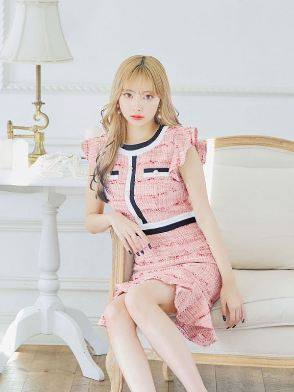 画像9: SALE!ツイードマーメイドスカートドレス/ボーダー柄/谷間隠し/背中隠し/ノースリーブ/フリル袖/ミニドレス/キャバドレス 【S-Lサイズ/1カラー】[HC02-X] 【SB】dzw