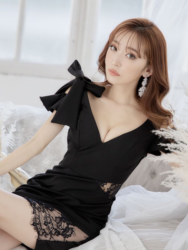 画像8: SALE!ノースリーブ/谷間見せ/レースアップ/オープンショルダー/タイトスカート/刺繍/レース/フリル/ミニドレス/キャバドレス【S-Lサイズ/2カラー】[OF01-U] 【SB】