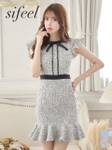 SALE!選べるスカート丈ドレス【sifeel/シフィール】ツイードフリルミニドレス/黒リボン/パール/タイトスカート/フリル/胸元隠し/背中隠し/キャバドレス/ワンピース/ミニドレス【S-Lサイズ/2カラー】[OF04-X] dzw
