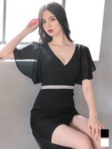 SALE!フリルスリーブドレス/シフォン/ワンカラー/ビジュー/シアー/透け/谷間見せ/背中隠し/ミニドレス/キャバドレス【S-Lサイズ/2カラー】[OF04]