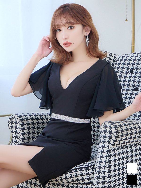 画像2: SALE!フリルスリーブドレス/ビジュー/シアー/透け/谷間見せ/ミニドレス/キャバドレス【S-Lサイズ/2カラー】[OF04] dzw