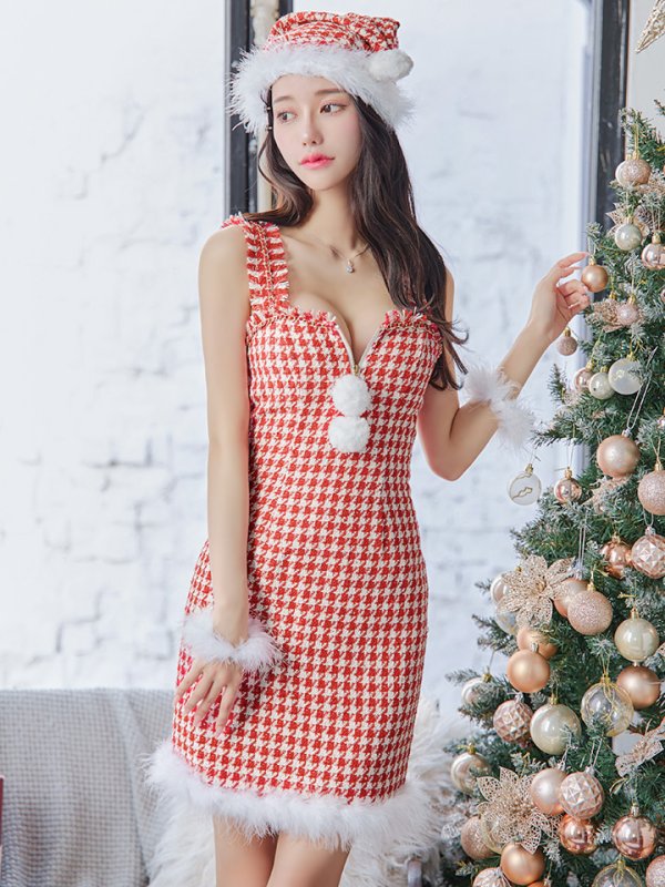 画像13: 【サンタセール！】【サンタコス 4点セット】【XS-XLサイズ/2カラー】チェーンモチーフフロントジップタイトドレスサンタコスプレ[YMT]