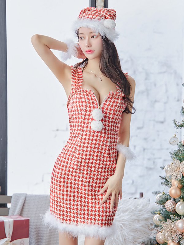 画像14: 【サンタセール！】【サンタコス 4点セット】【XS-XLサイズ/2カラー】チェーンモチーフフロントジップタイトドレスサンタコスプレ[YMT]