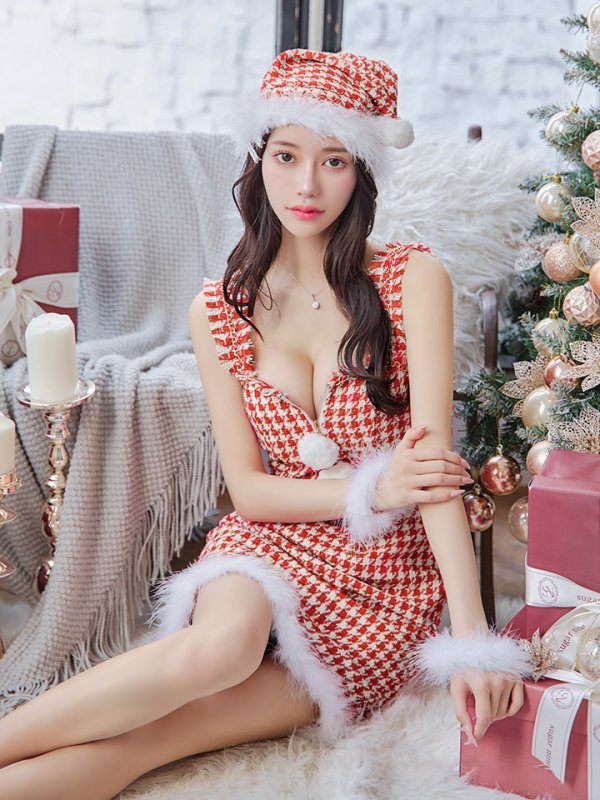 画像9: 【サンタセール！】【サンタコス 4点セット】【XS-XLサイズ/2カラー】チェーンモチーフフロントジップタイトドレスサンタコスプレ[YMT]