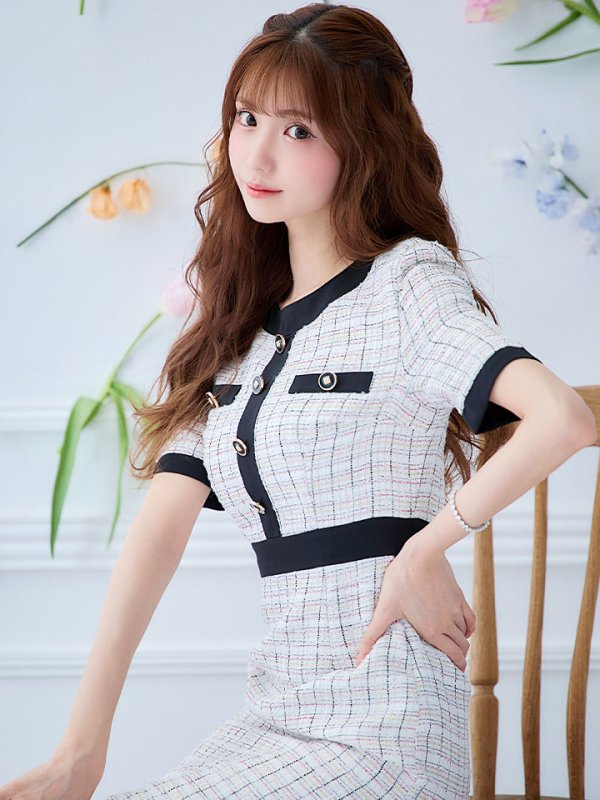 画像14: ミックスツイードミニドレス/ツイード/半袖/胸元隠し/背中隠し/タイト/ボタン/パッド無し/キャバドレス【S-Lサイズ/1カラー】[HC02-X] 【SB】dzj