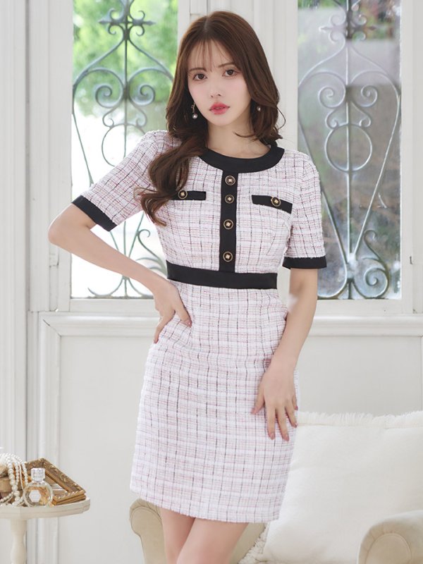 画像10: ミックスツイードミニドレス/ツイード/半袖/胸元隠し/背中隠し/タイト/ボタン/パッド無し/キャバドレス【S-Lサイズ/1カラー】[HC02-X] 【SB】dzj