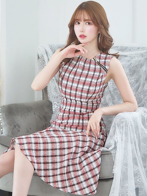 画像2: SALE!ツイードワンピースドレス/ノースリーブ/ジップ/チェック柄/胸元隠し/ミディアムドレス/キャバドレス【S-Lサイズ/1カラー】[OF04] 【SB】dzw