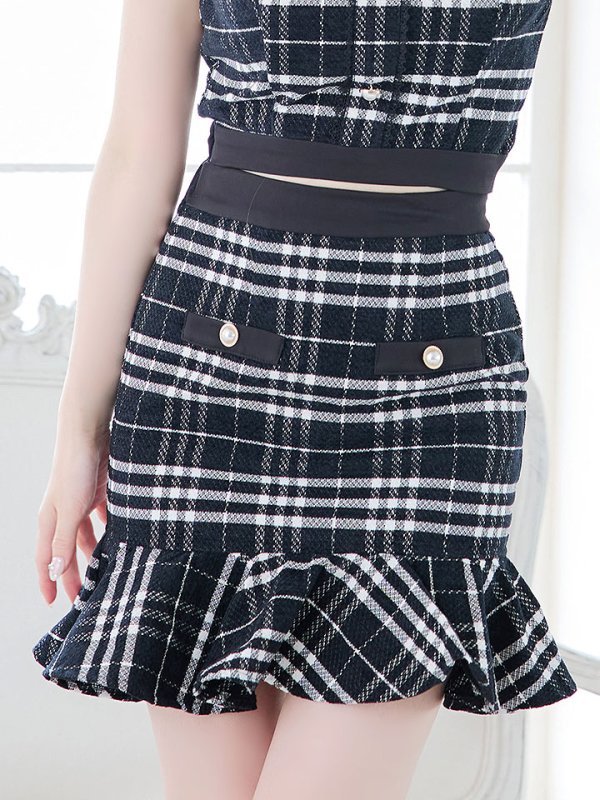 画像7: ツイードチェックドレス/セットアップ/フリル/パールボタン/マーメイドスカート/胸元隠し/背中隠し/ミニドレス/キャバドレス【S-Mサイズ/2カラー】[HC02-X]【SB】dzw