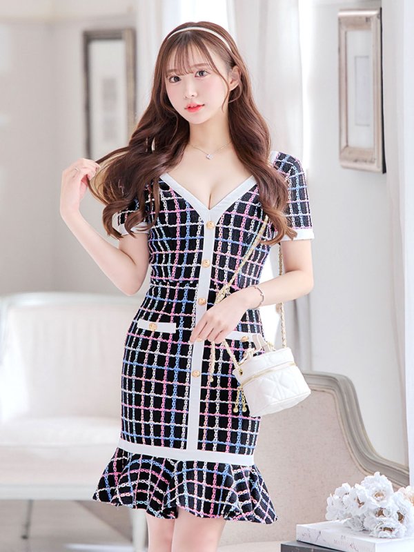 画像11: 【ウィンターセール！】SALE!チェックワンピースドレス/ツイード/ショートスリーブ/マーメイドスカート/谷間見せ/ミニドレス/キャバドレス/パッド無し【S-Lサイズ/1カラー】[HC02-X] 【SB】dzw