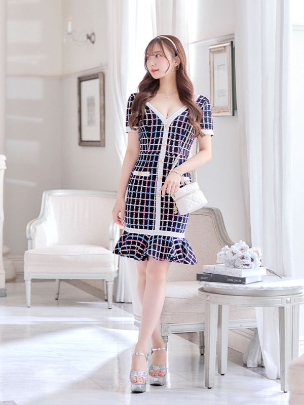 画像13: 【ウィンターセール！】SALE!チェックワンピースドレス/ツイード/ショートスリーブ/マーメイドスカート/谷間見せ/ミニドレス/キャバドレス/パッド無し【S-Lサイズ/1カラー】[HC02-X] 【SB】dzw