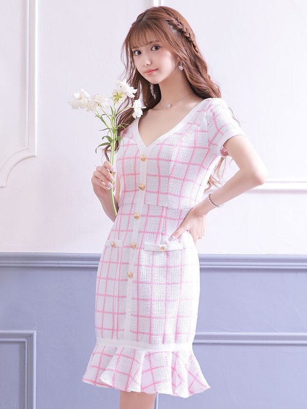 画像7: SALE!チェックワンピースドレス/ツイード/ショートスリーブ/マーメイドスカート/谷間見せ/ミニドレス/キャバドレス/パッド無し【S-Lサイズ/2カラー】[HC02-X] 【SB】dzw