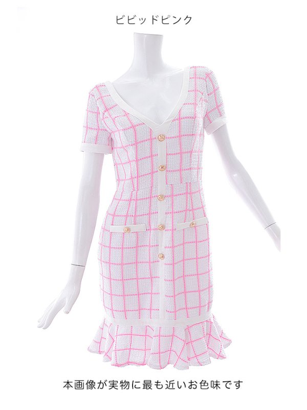 画像16: SALE!チェックワンピースドレス/ツイード/ショートスリーブ/マーメイドスカート/谷間見せ/ミニドレス/キャバドレス/パッド無し【S-Lサイズ/2カラー】[HC02-X] 【SB】dzw