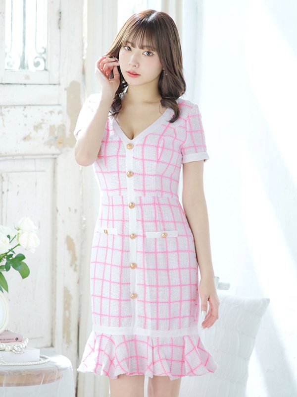 画像7: 【ウィンターセール！】SALE!チェックワンピースドレス/ツイード/ショートスリーブ/マーメイドスカート/谷間見せ/ミニドレス/キャバドレス/パッド無し【S-Lサイズ/1カラー】[HC02-X] 【SB】dzw