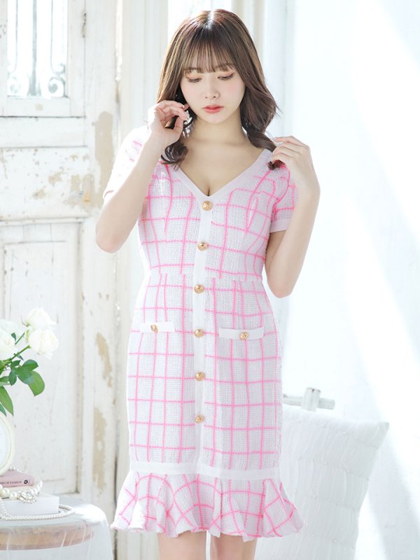 画像3: 【ウィンターセール！】SALE!チェックワンピースドレス/ツイード/ショートスリーブ/マーメイドスカート/谷間見せ/ミニドレス/キャバドレス/パッド無し【S-Lサイズ/1カラー】[HC02-X] 【SB】dzw