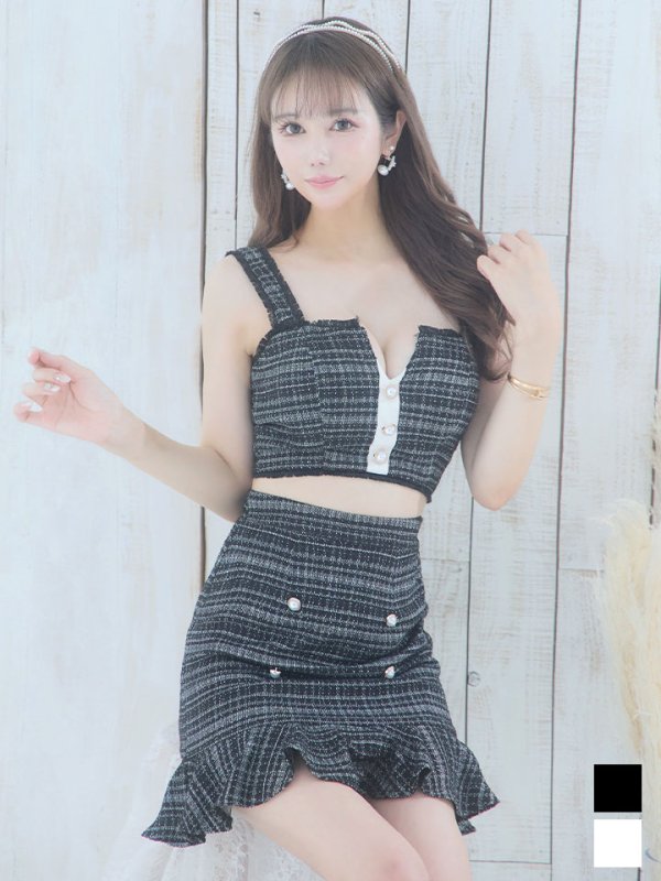 画像1: SALE!マーメイドツイードドレス/2ピース/セットアップ/チェック柄/パールボタン/谷間見せ/背中見せ/ミニドレス/キャバドレス【XS-Mサイズ/2カラー】[OF04-X] 【SB】dzw
