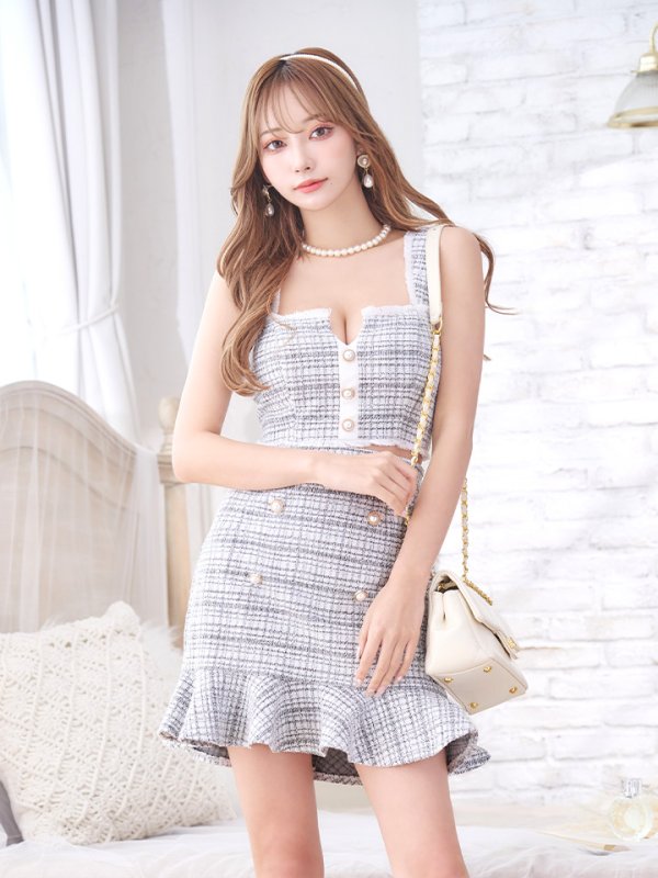 画像10: SALE!マーメイドツイードドレス/2ピース/セットアップ/チェック柄/パールボタン/谷間見せ/背中見せ/ミニドレス/キャバドレス【XS-Mサイズ/2カラー】[HC02-X] 【SB】dzw