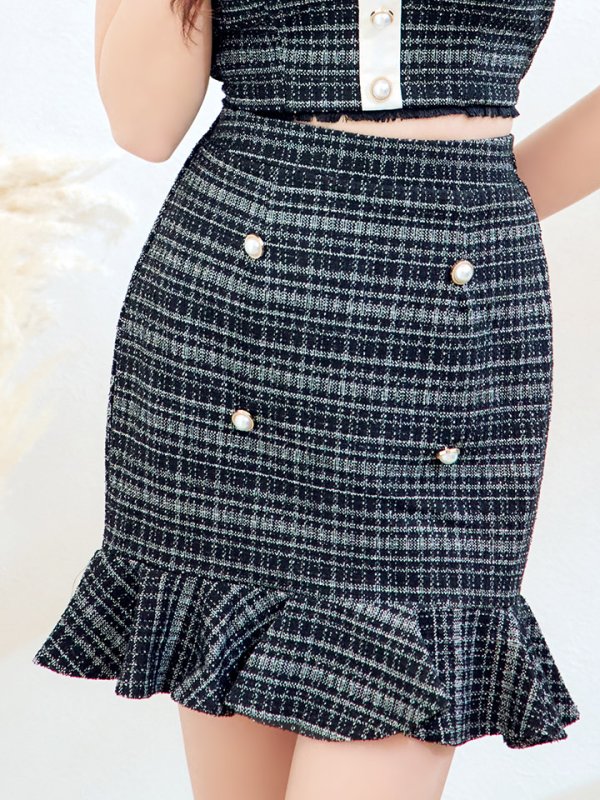 画像7: SALE!マーメイドツイードドレス/2ピース/セットアップ/チェック柄/パールボタン/谷間見せ/背中見せ/ミニドレス/キャバドレス【XS-Mサイズ/2カラー】[HC02-X] 【SB】dzw