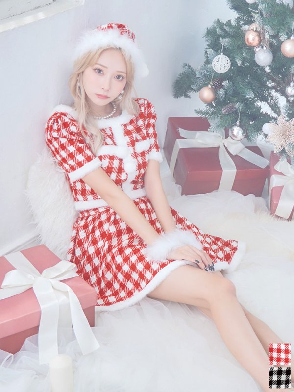 画像3: 【即日発送！】【サンタコス 5点セット】【XS-Lサイズ/2カラー】ギンガムチェック セットアップフレアサンタコスプレ[OF01]