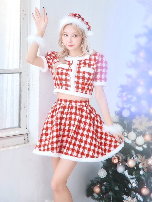 画像9: 【即日発送！】【サンタコス 5点セット】【XS-Lサイズ/2カラー】ギンガムチェック セットアップフレアサンタコスプレ[OF01]