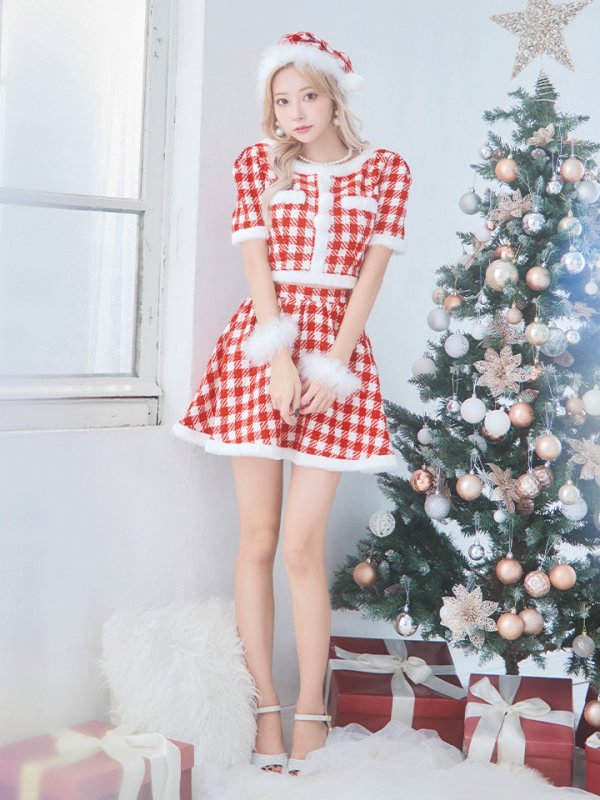 画像10: 【即日発送！】【サンタコス 5点セット】【XS-Lサイズ/2カラー】ギンガムチェック セットアップフレアサンタコスプレ[OF01]