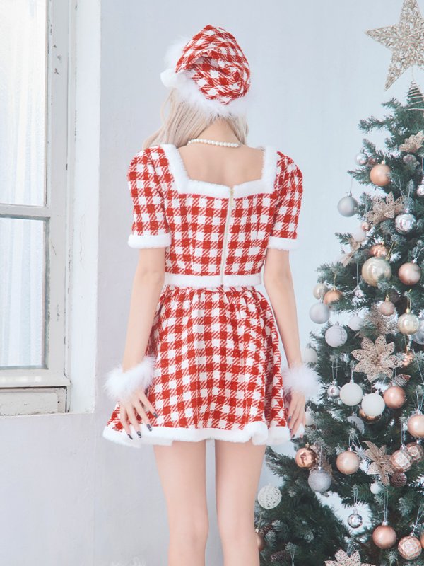 画像15: 【即日発送！】【サンタコス 5点セット】【XS-Lサイズ/2カラー】ギンガムチェック セットアップフレアサンタコスプレ[OF01]