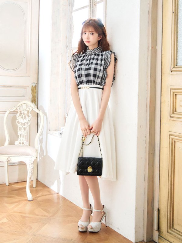 画像7: SALE!ギンガムチェックフレアーワンピース/ベルト/Aライン/ショートスリーブ/谷間隠し/背中隠し/ミディアムドレス/キャバドレス 【S-Mサイズ/2カラー】[OF01] 【SB】dzj