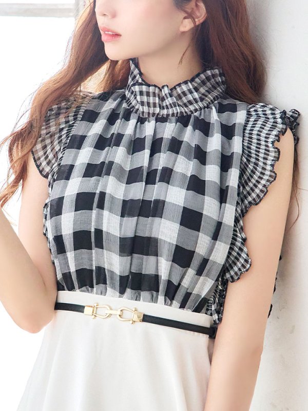 画像13: SALE!ギンガムチェックフレアーワンピース/ベルト/Aライン/ショートスリーブ/谷間隠し/背中隠し/ミディアムドレス/キャバドレス 【S-Mサイズ/2カラー】[OF01] 【SB】dzj