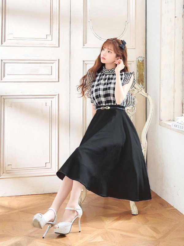 画像11: SALE!ギンガムチェックフレアーワンピース/ベルト/Aライン/ショートスリーブ/谷間隠し/背中隠し/ミディアムドレス/キャバドレス 【S-Mサイズ/2カラー】[OF01] 【SB】dzj