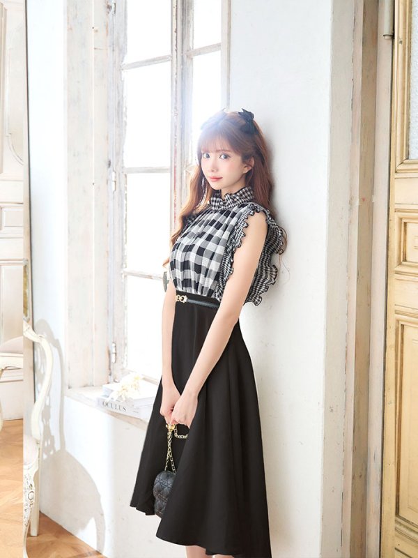 画像9: SALE!ギンガムチェックフレアーワンピース/ベルト/Aライン/ショートスリーブ/谷間隠し/背中隠し/ミディアムドレス/キャバドレス 【S-Mサイズ/2カラー】[OF01] 【SB】dzj