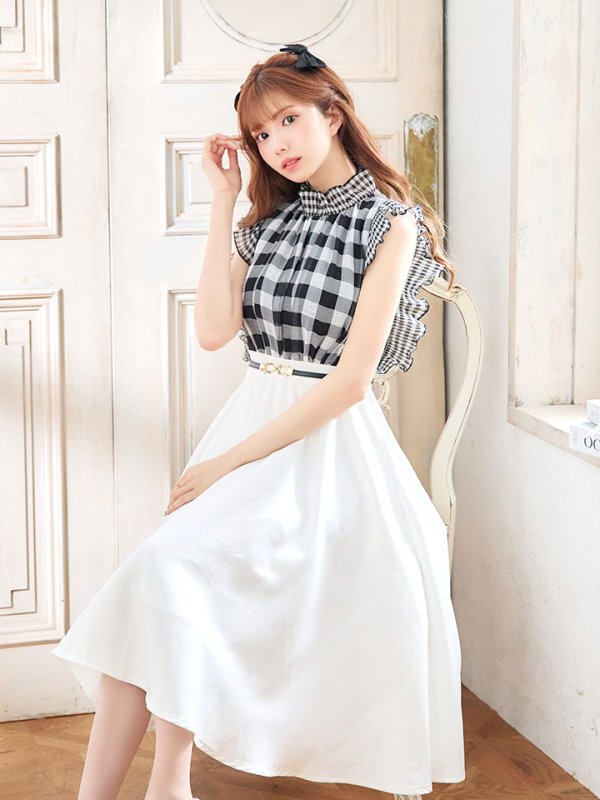 画像3: SALE!ギンガムチェックフレアーワンピース/ベルト/Aライン/ショートスリーブ/谷間隠し/背中隠し/ミディアムドレス/キャバドレス 【S-Mサイズ/2カラー】[OF01] 【SB】dzj