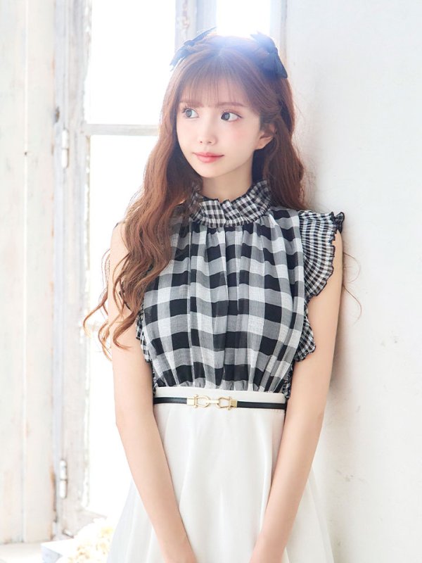 画像6: SALE!ギンガムチェックフレアーワンピース/ベルト/Aライン/ショートスリーブ/谷間隠し/背中隠し/ミディアムドレス/キャバドレス 【S-Mサイズ/2カラー】[OF01] 【SB】dzj