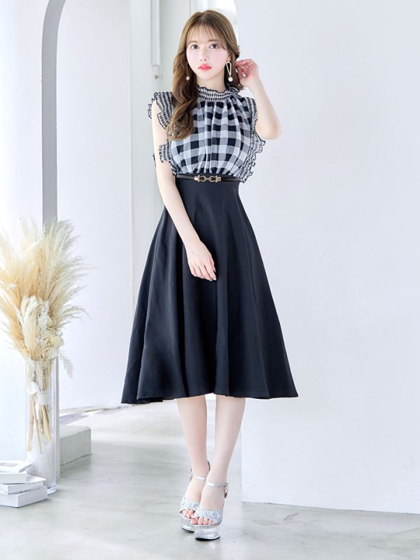 画像3: SALE!ギンガムチェックフレアーワンピース/ベルト/Aライン/ショートスリーブ/谷間隠し/背中隠し/ミディアムドレス/キャバドレス 【S-Mサイズ/2カラー】[HC02] 【SB】dzj