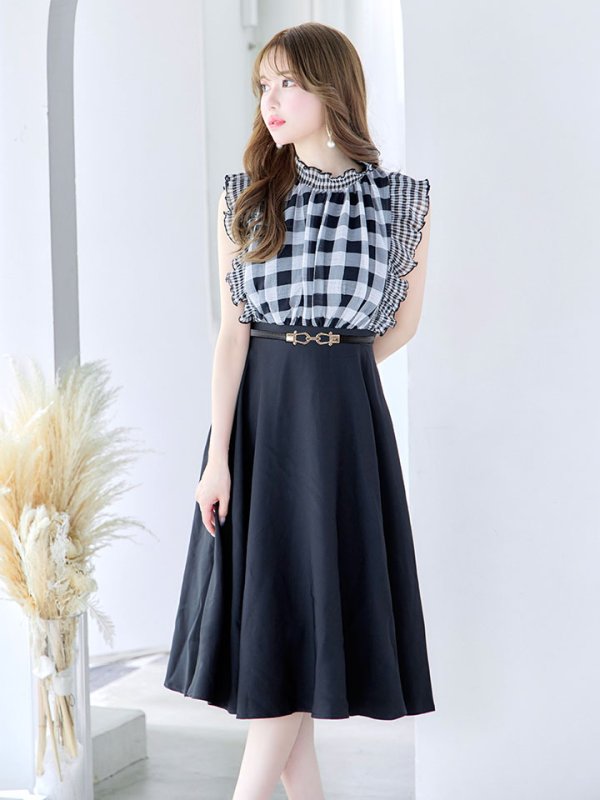 画像4: SALE!ギンガムチェックフレアーワンピース/ベルト/Aライン/ショートスリーブ/谷間隠し/背中隠し/ミディアムドレス/キャバドレス 【S-Mサイズ/2カラー】[HC02] 【SB】dzj