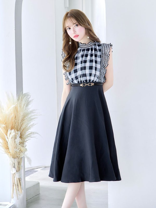 画像10: SALE!ギンガムチェックフレアーワンピース/ベルト/Aライン/ショートスリーブ/谷間隠し/背中隠し/ミディアムドレス/キャバドレス 【S-Mサイズ/2カラー】[HC02] 【SB】dzj