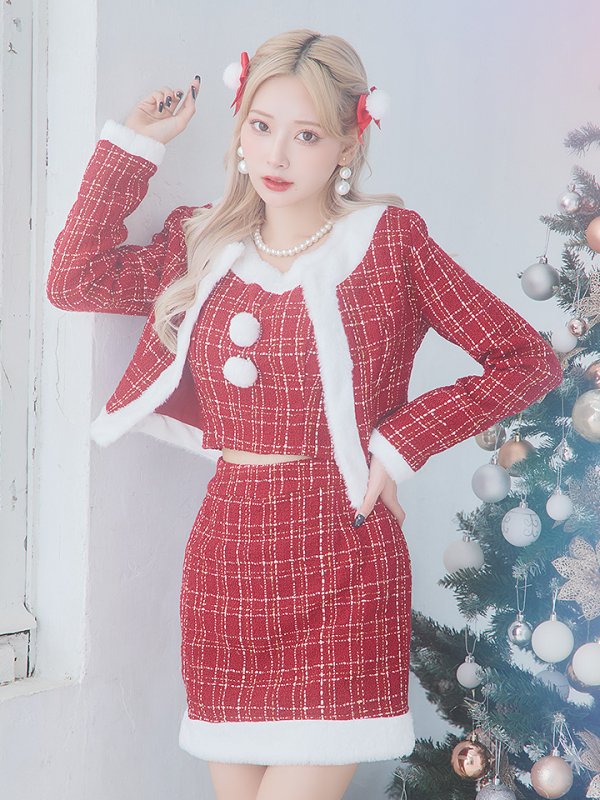 画像17: 【サンタセール！】【サンタコス 6点セット】【XS-Lサイズ/1カラー】ツイードジャケットチェックセットアップサンタコスプレ[YMT]