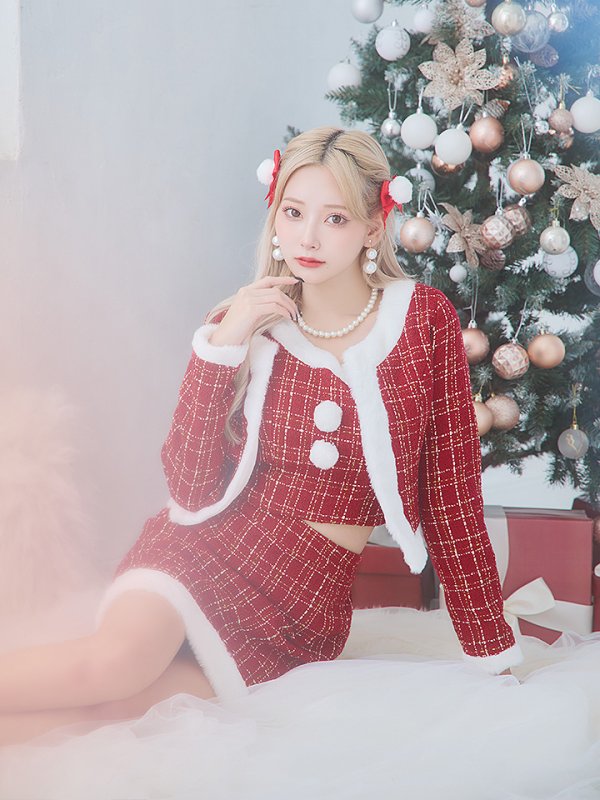 画像21: 【サンタセール！】【サンタコス 6点セット】【XS-Lサイズ/1カラー】ツイードジャケットチェックセットアップサンタコスプレ[YMT]