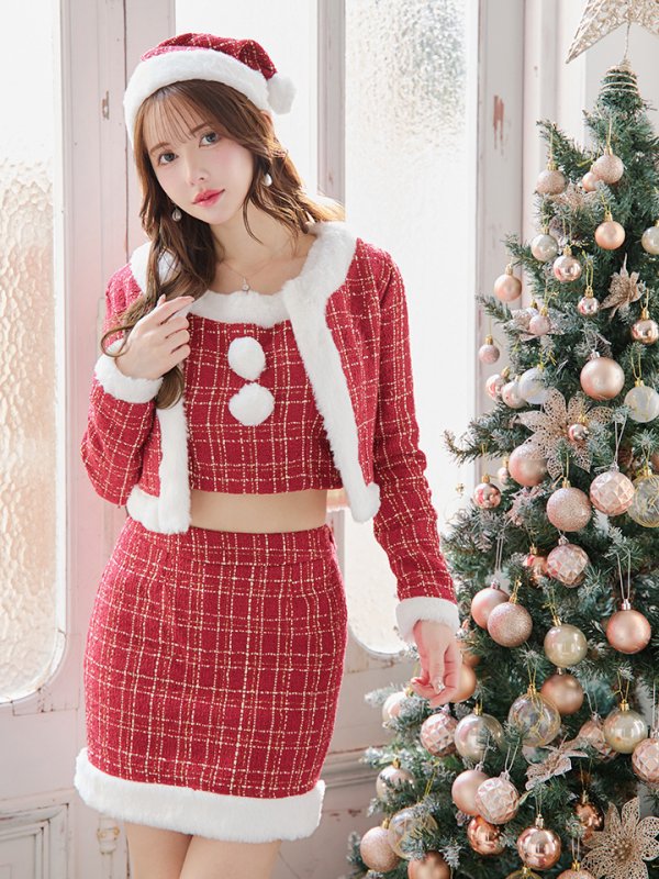 画像12: 【サンタセール！】【サンタコス 6点セット】【XS-Lサイズ/1カラー】ツイードジャケットチェックセットアップサンタコスプレ[YMT]