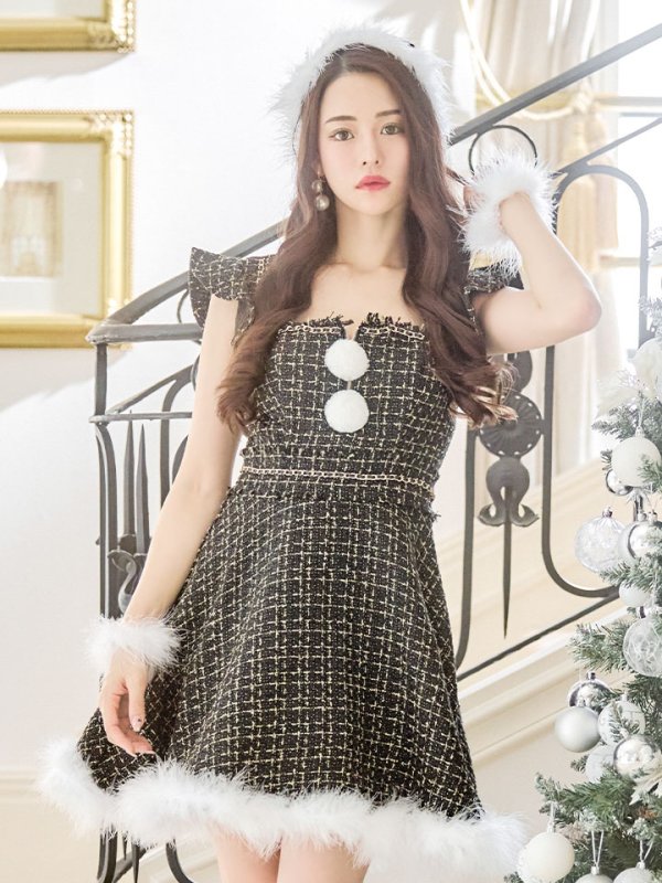 画像4: 【サンタセール！】【サンタコス 4点セット】【S-Lサイズ/2カラー】チェーンモチーフフロントジップツイードフレアサンタコスプレ[OF01]