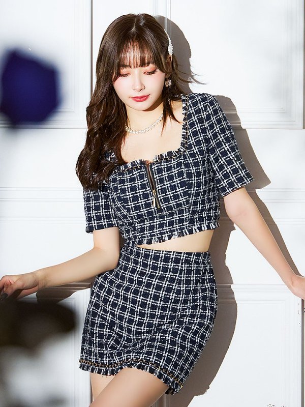 画像4: ツイードチェックドレス/ハーフジップ/チェーン/セットアップ/谷間見せ/背中隠し/ミニドレス/キャバドレス【XS-Mサイズ/1カラー】[HC02]【SB】dzw