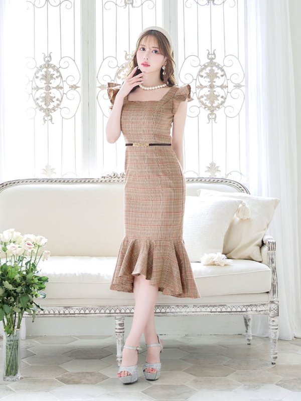 画像9: 【sifeel/シフィール】チェック柄マーメイドドレス/ショートスリーブ/フリル袖/谷間隠し/背中隠し/ベルト/ミディアムドレス/キャバドレス 【S-Lサイズ/1カラー】[HC02-X] 【SB】dzk