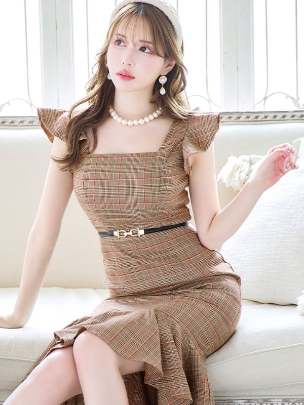 画像8: 【sifeel/シフィール】チェック柄マーメイドドレス/ショートスリーブ/フリル袖/谷間隠し/背中隠し/ベルト/ミディアムドレス/キャバドレス 【S-Lサイズ/1カラー】[HC02-X] 【SB】dzk