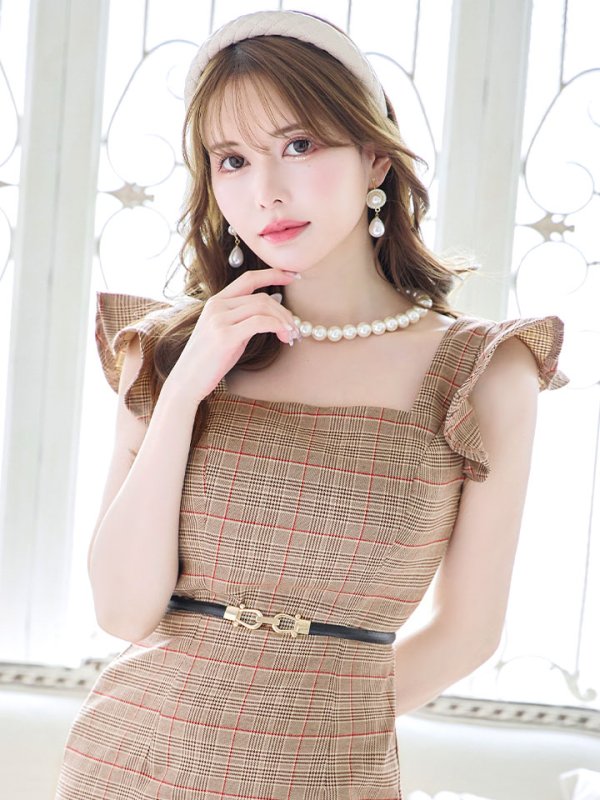 画像5: 【sifeel/シフィール】チェック柄マーメイドドレス/ショートスリーブ/フリル袖/谷間隠し/背中隠し/ベルト/ミディアムドレス/キャバドレス 【S-Lサイズ/1カラー】[HC02-X] 【SB】dzk