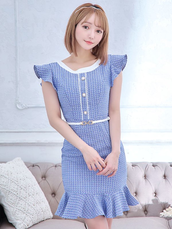 画像11: ツイードマーメイドミニドレス/フリル袖/ベルト/谷間隠し/背中隠し/ミニドレス/キャバドレス 【S-Lサイズ/2カラー】[HC02-X] 【SB】dzw