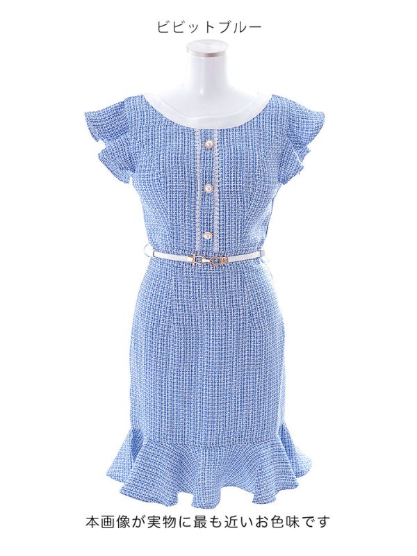 画像25: ツイードマーメイドミニドレス/フリル袖/ベルト/谷間隠し/背中隠し/ミニドレス/キャバドレス 【S-Lサイズ/2カラー】[HC02-X] 【SB】dzw